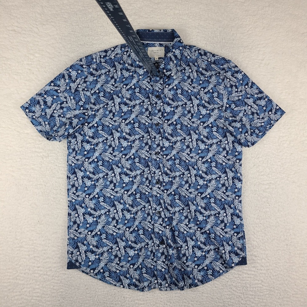 ConStruct Shirt Men Medium Blue Floral Slim Fit 4 Way Stretch Hawaiian Button Up
